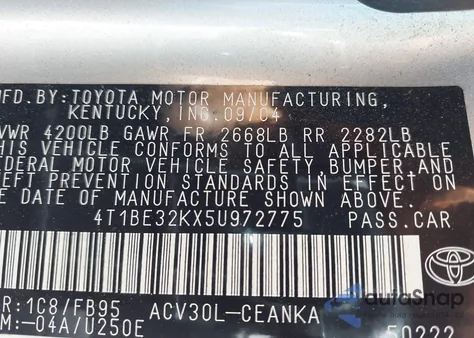 2005 Toyota Camry Le из США, поврежденный, VIN 4T1BE32KX5U972775